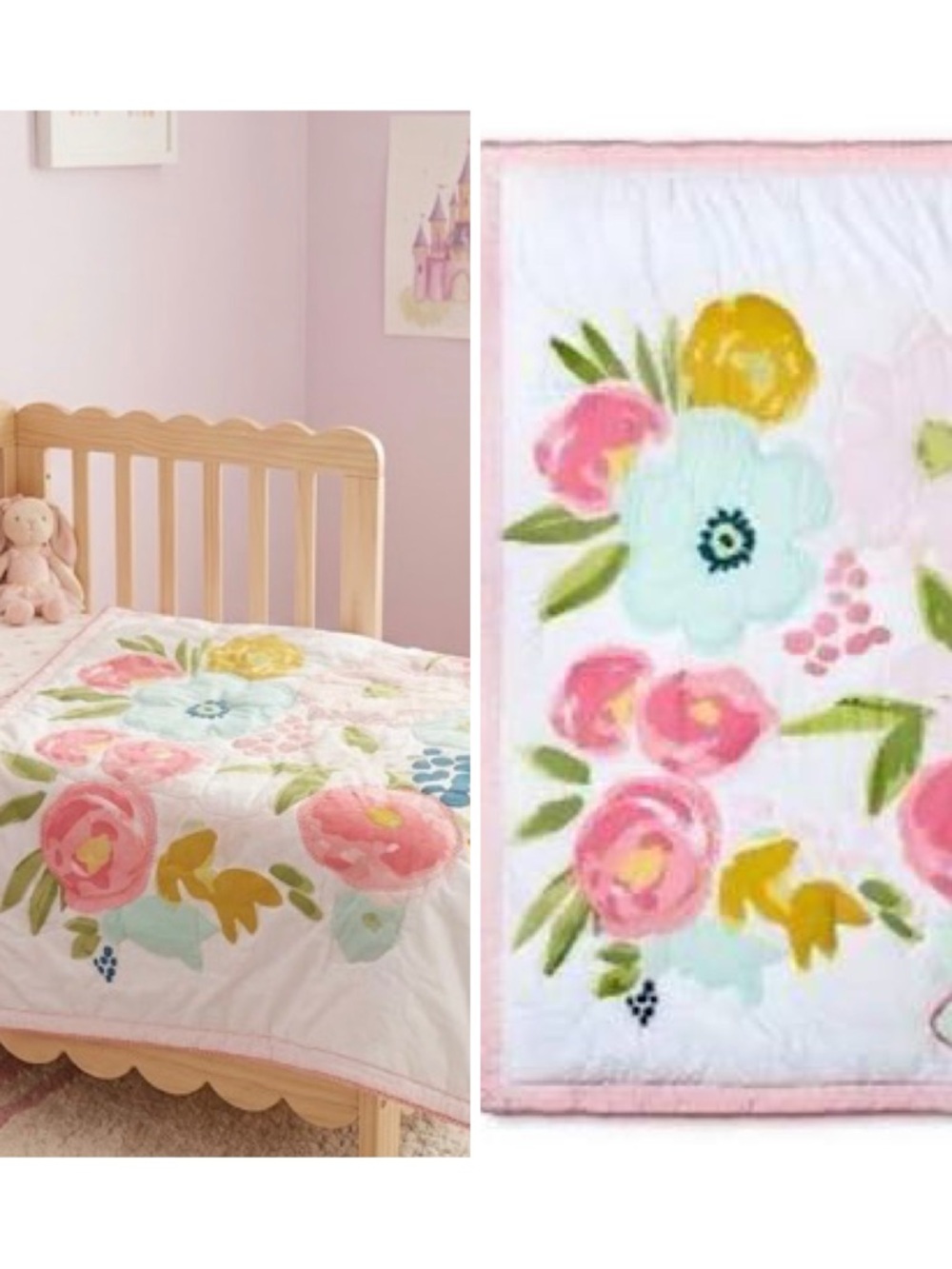 Cloud Island Floral Fields Pink Quilted Crib Comforter Watercolor Bloom 40x31
